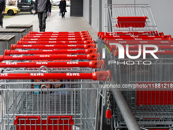 Rows of REWE shopping carts line up outside a supermarket in Munich, Bavaria, Germany, on December 18, 2024 (