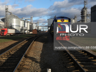 A locomotive is on the premises of a grain elevator in Chernihiv region, Ukraine, on December 18, 2024. NO USE RUSSIA. NO USE BELARUS. (