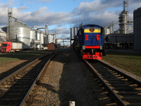 A locomotive is on the premises of a grain elevator in Chernihiv region, Ukraine, on December 18, 2024. NO USE RUSSIA. NO USE BELARUS. (