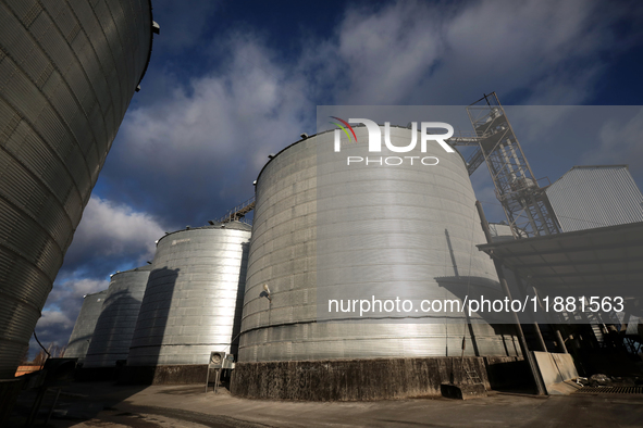 Grain bins are on the premises of a grain elevator in Chernihiv region, northern Ukraine, on December 18, 2024. NO USE RUSSIA. NO USE BELARU...