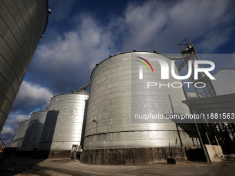 Grain bins are on the premises of a grain elevator in Chernihiv region, northern Ukraine, on December 18, 2024. NO USE RUSSIA. NO USE BELARU...