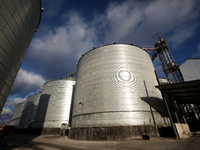 Grain bins are on the premises of a grain elevator in Chernihiv region, northern Ukraine, on December 18, 2024. NO USE RUSSIA. NO USE BELARU...