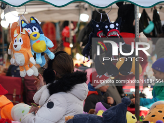 A colorful display of plush toys is at a market in Grafing, Bavaria, Germany, on December 15, 2024. Children browse the market atmosphere. (