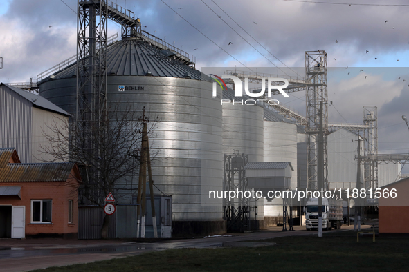 Grain bins are on the premises of a grain elevator in Chernihiv region, northern Ukraine, on December 18, 2024. NO USE RUSSIA. NO USE BELARU...