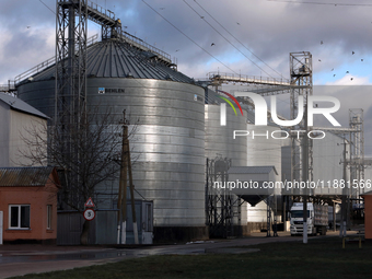 Grain bins are on the premises of a grain elevator in Chernihiv region, northern Ukraine, on December 18, 2024. NO USE RUSSIA. NO USE BELARU...