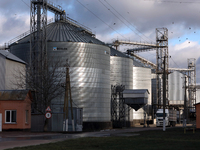 Grain bins are on the premises of a grain elevator in Chernihiv region, northern Ukraine, on December 18, 2024. NO USE RUSSIA. NO USE BELARU...