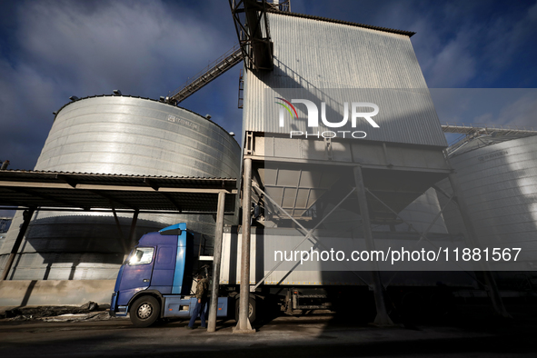 A truck is filled with grain at a grain elevator in Chernihiv region, northern Ukraine, on December 18, 2024. NO USE RUSSIA. NO USE BELARUS....