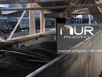 A truck is filled with sunflower seeds at a grain elevator in Chernihiv region, northern Ukraine, on December 18, 2024. (