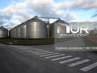 Grain bins are on the premises of a grain elevator in Chernihiv region, northern Ukraine, on December 18, 2024. (