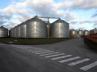 Grain bins are on the premises of a grain elevator in Chernihiv region, northern Ukraine, on December 18, 2024. (