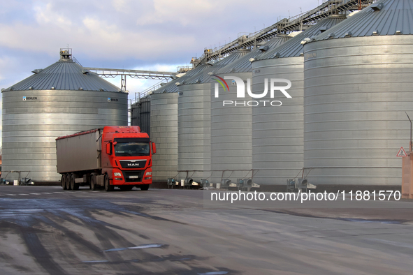 A truck is on the premises of a grain elevator in Chernihiv region, Ukraine, on December 18, 2024. NO USE RUSSIA. NO USE BELARUS. 