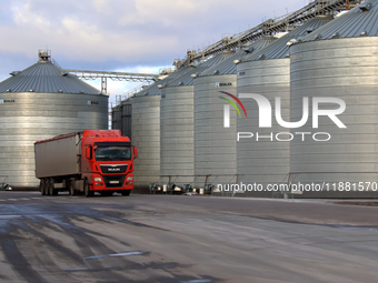 A truck is on the premises of a grain elevator in Chernihiv region, Ukraine, on December 18, 2024. NO USE RUSSIA. NO USE BELARUS. (