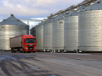 A truck is on the premises of a grain elevator in Chernihiv region, Ukraine, on December 18, 2024. NO USE RUSSIA. NO USE BELARUS. (