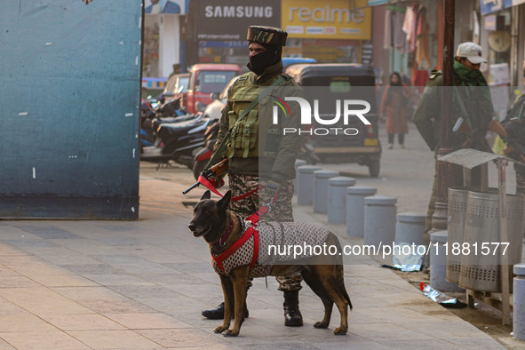 An Indian security personnel, along with a sniffer dog, guards a road in Srinagar, Jammu and Kashmir, on December 19, 2024. Indian security...