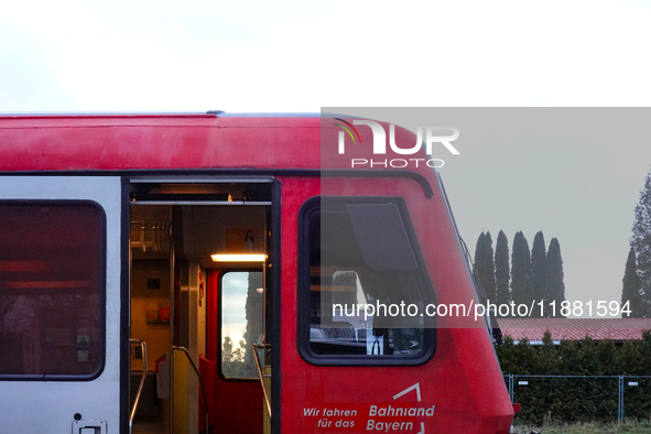 A Sudostbayernbahn train is at Wasserburg am Inn station in Bavaria, Germany, on December 15, 2024. 