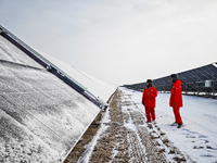 Operation and maintenance personnel clean snow on photovoltaic modules in the 100,000-kilowatt photovoltaic power generation project area of...