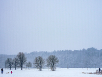 In Gauting, Bavaria, Germany, on January 6, 2021, a family with a sled spends a snowy day outdoors, with a child playing in a snow-covered f...