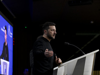 President of Ukraine Volodymyr Zelenskyy addresses a press conference during his visit at the European Council Summit, the EU leaders meetin...