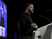 President of Ukraine Volodymyr Zelenskyy addresses a press conference during his visit at the European Council Summit, the EU leaders meetin...