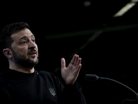 President of Ukraine Volodymyr Zelenskyy addresses a press conference during his visit at the European Council Summit, the EU leaders meetin...