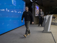 President of Ukraine Volodymyr Zelenskyy departs from a press conference during his visit in Brussels and the European Council Summit, the E...