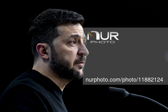 President of Ukraine Volodymyr Zelenskyy addresses a press conference during his visit at the European Council Summit, the EU leaders meetin...