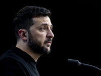 President of Ukraine Volodymyr Zelenskyy addresses a press conference during his visit at the European Council Summit, the EU leaders meetin...