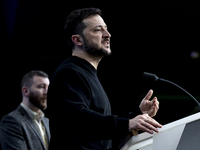 President of Ukraine Volodymyr Zelenskyy addresses a press conference during his visit at the European Council Summit, the EU leaders meetin...