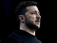 President of Ukraine Volodymyr Zelenskyy addresses a press conference during his visit at the European Council Summit, the EU leaders meetin...