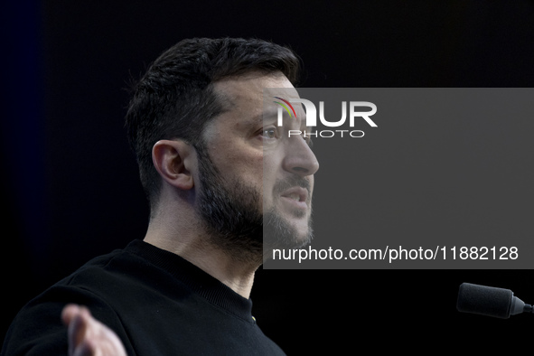 President of Ukraine Volodymyr Zelenskyy addresses a press conference during his visit at the European Council Summit, the EU leaders meetin...