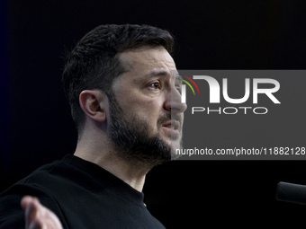 President of Ukraine Volodymyr Zelenskyy addresses a press conference during his visit at the European Council Summit, the EU leaders meetin...