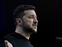 President of Ukraine Volodymyr Zelenskyy addresses a press conference during his visit at the European Council Summit, the EU leaders meetin...