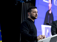 President of Ukraine Volodymyr Zelenskyy addresses a press conference during his visit at the European Council Summit, the EU leaders meetin...