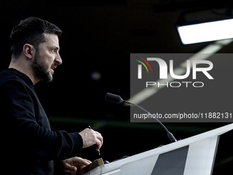 President of Ukraine Volodymyr Zelenskyy addresses a press conference during his visit at the European Council Summit, the EU leaders meetin...