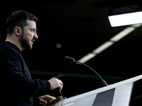 President of Ukraine Volodymyr Zelenskyy addresses a press conference during his visit at the European Council Summit, the EU leaders meetin...