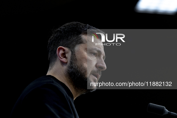 President of Ukraine Volodymyr Zelenskyy addresses a press conference during his visit at the European Council Summit, the EU leaders meetin...