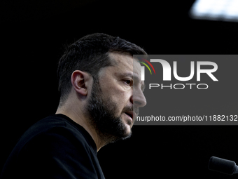 President of Ukraine Volodymyr Zelenskyy addresses a press conference during his visit at the European Council Summit, the EU leaders meetin...