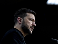 President of Ukraine Volodymyr Zelenskyy addresses a press conference during his visit at the European Council Summit, the EU leaders meetin...