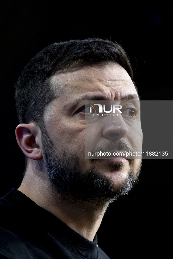 President of Ukraine Volodymyr Zelenskyy addresses a press conference during his visit at the European Council Summit, the EU leaders meetin...