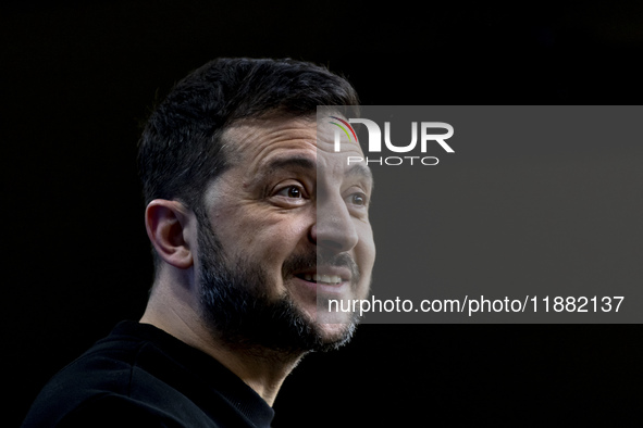 President of Ukraine Volodymyr Zelenskyy addresses a press conference during his visit at the European Council Summit, the EU leaders meetin...