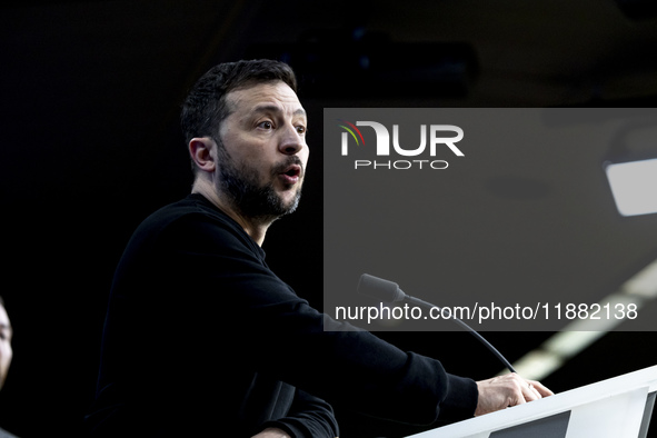 President of Ukraine Volodymyr Zelenskyy addresses a press conference during his visit at the European Council Summit, the EU leaders meetin...