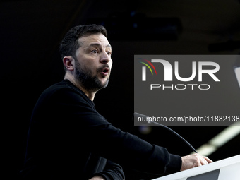 President of Ukraine Volodymyr Zelenskyy addresses a press conference during his visit at the European Council Summit, the EU leaders meetin...