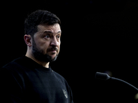 President of Ukraine Volodymyr Zelenskyy addresses a press conference during his visit at the European Council Summit, the EU leaders meetin...