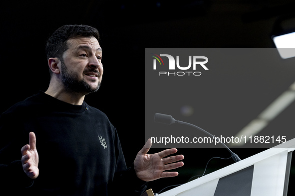 President of Ukraine Volodymyr Zelenskyy addresses a press conference during his visit at the European Council Summit, the EU leaders meetin...