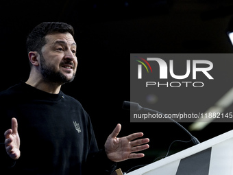 President of Ukraine Volodymyr Zelenskyy addresses a press conference during his visit at the European Council Summit, the EU leaders meetin...