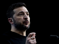 President of Ukraine Volodymyr Zelenskyy addresses a press conference during his visit at the European Council Summit, the EU leaders meetin...