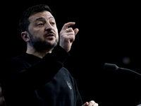 President of Ukraine Volodymyr Zelenskyy addresses a press conference during his visit at the European Council Summit, the EU leaders meetin...