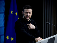 President of Ukraine Volodymyr Zelenskyy addresses a press conference during his visit at the European Council Summit, the EU leaders meetin...