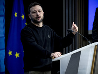 President of Ukraine Volodymyr Zelenskyy addresses a press conference during his visit at the European Council Summit, the EU leaders meetin...