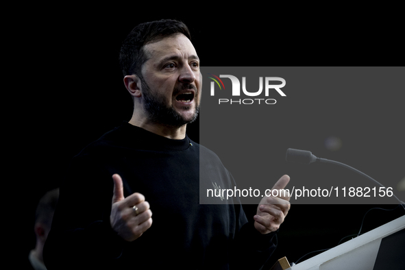 President of Ukraine Volodymyr Zelenskyy addresses a press conference during his visit at the European Council Summit, the EU leaders meetin...